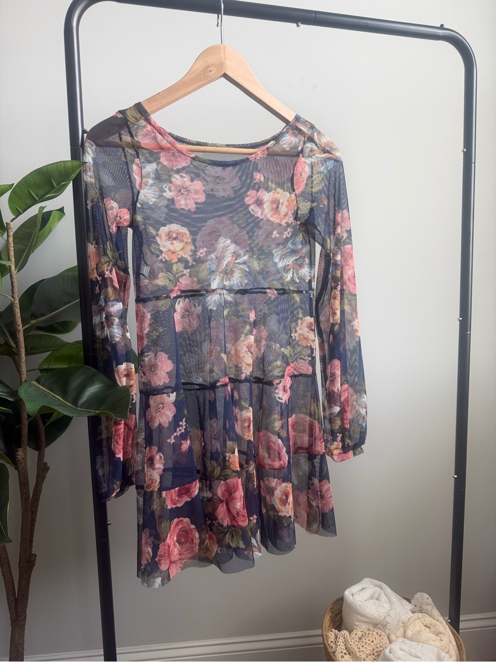 Sheer Navy Floral Long-Sleeve Tiered Mini Dress